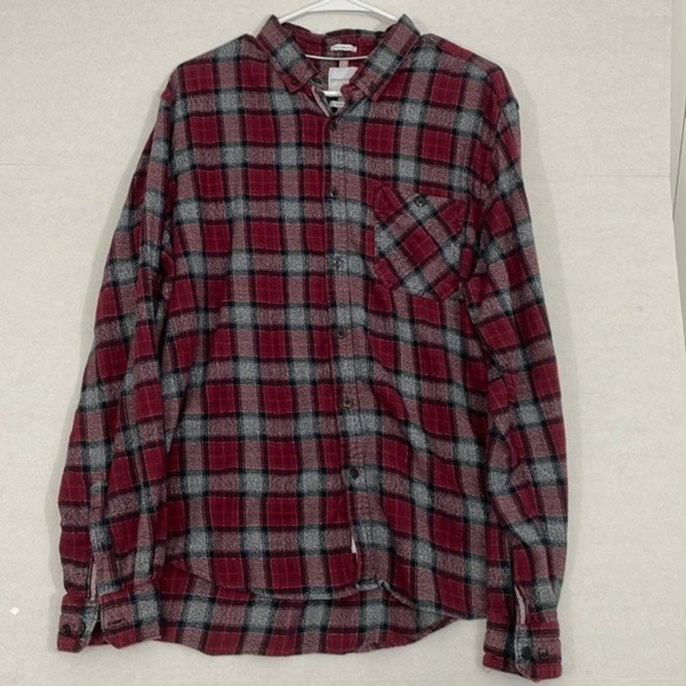 Denim & Flower Mens Flannel Shirt, Slim Fit Cotton Red & Grey, XL